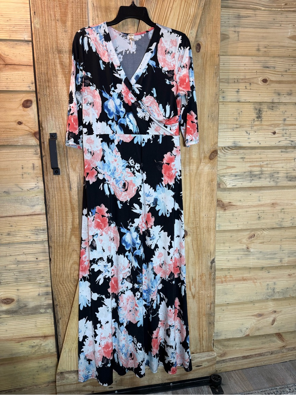 LARA Pashion Black Maxi Dress with Coral & Light Blue Floral Print